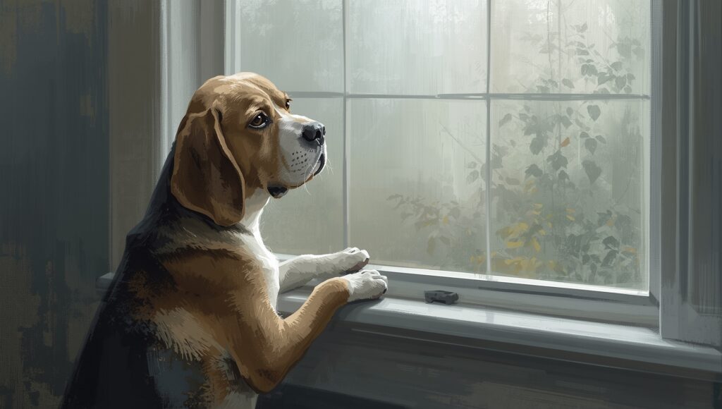 A beagle lookinig out the window.