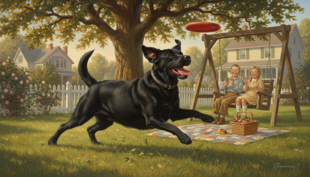 A black dog running happily toward two children sitting on a backyard swing with a picnic blanket beneath them.