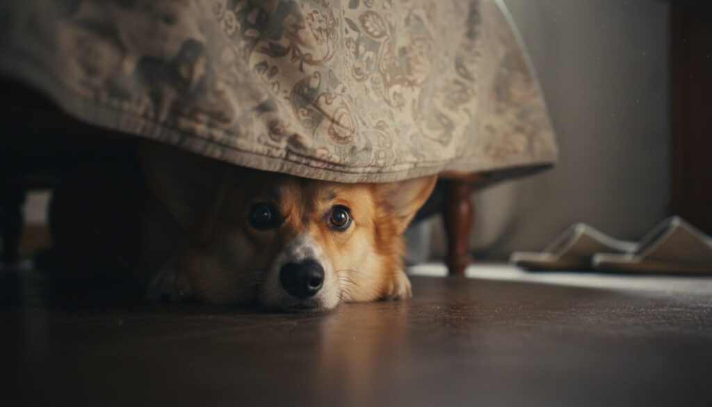 A corgi hiding under the bed after being startled.