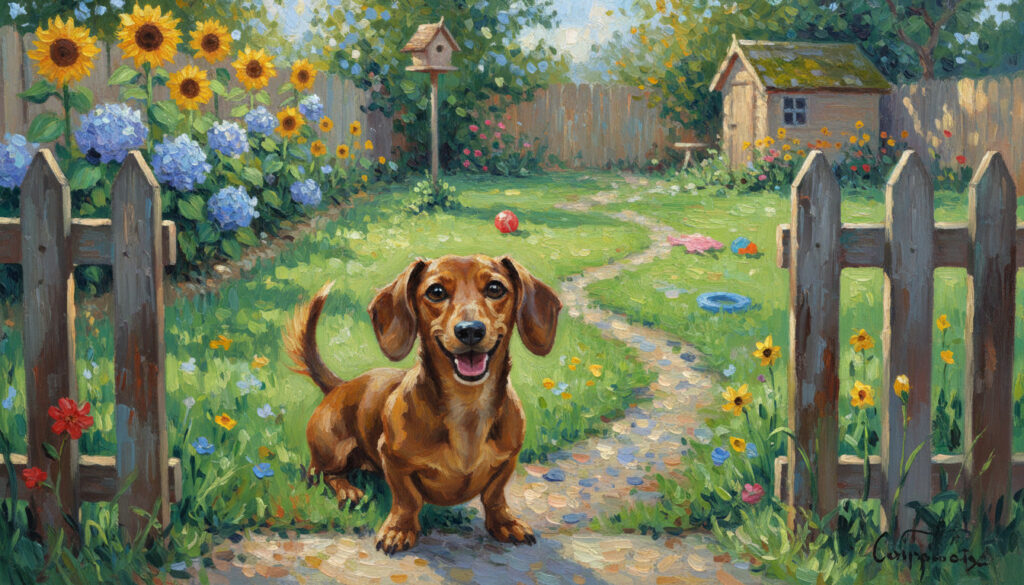 A dachshund waiting by a fence and considering barking.
