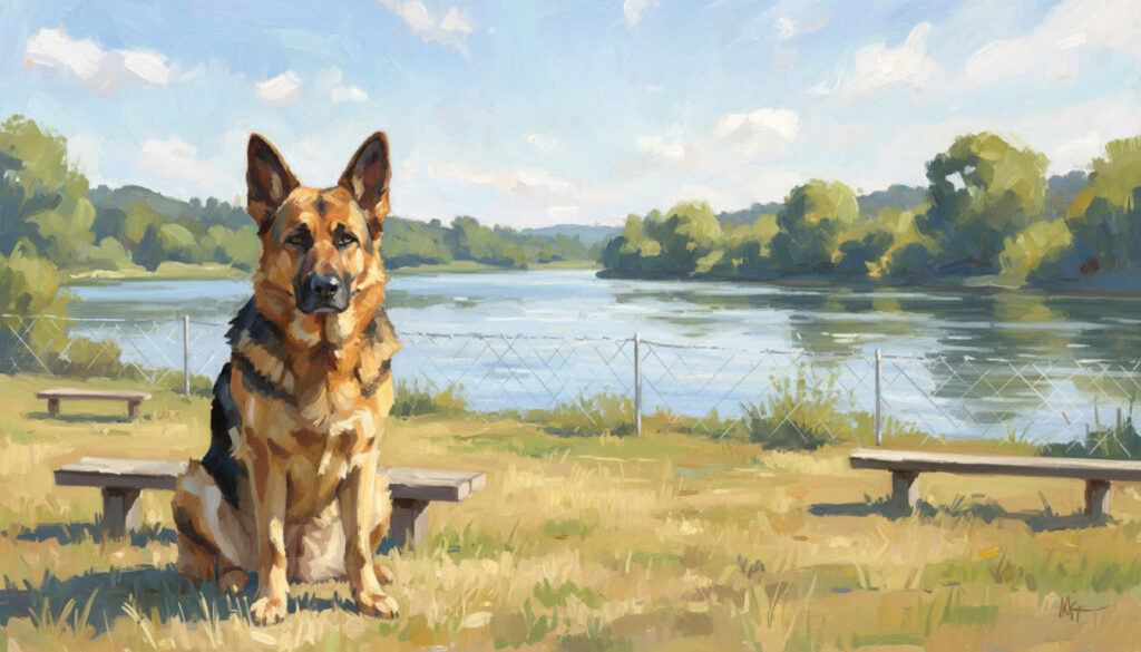 A German Shepherd siting quietly in a dog park next to a river.