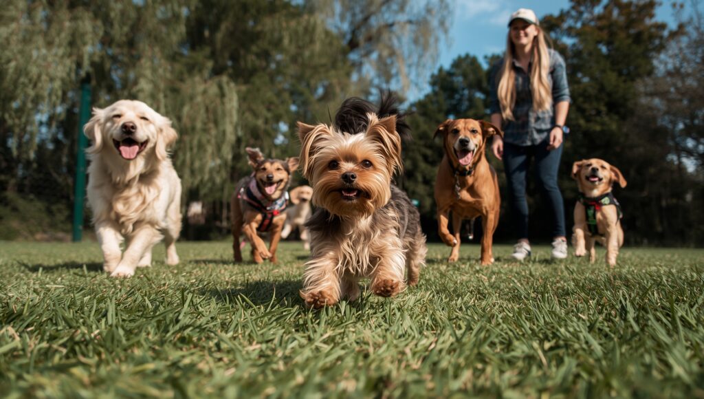 A group of dogs with their dog walker.