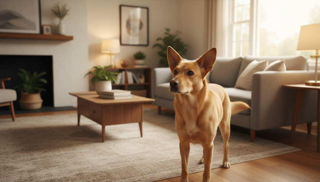 A terrier in the living room that is startled by a sound.