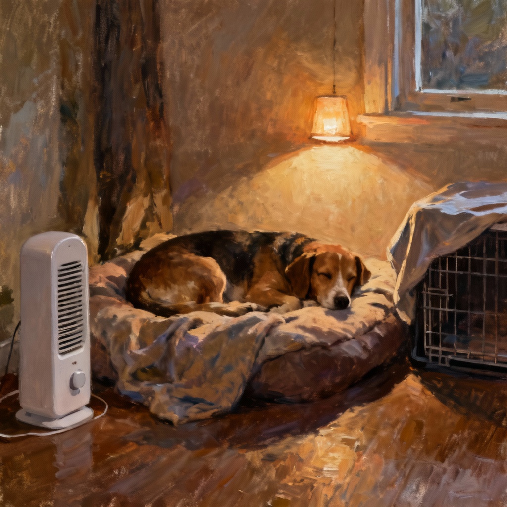 A beagle calmly sleeping on his dog bed by a heater.