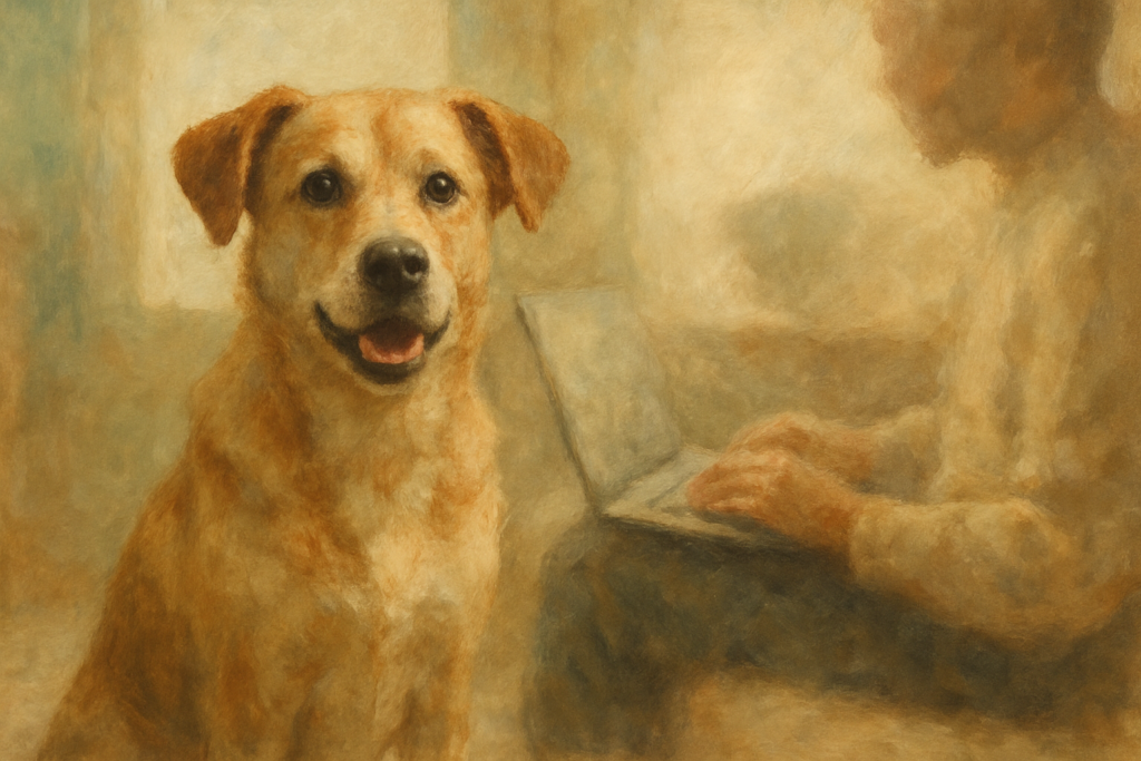 A golden retriever sitting waiting for its owner who is on the computer.