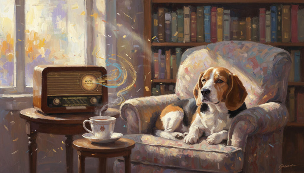 A beagle being calm and listening to the radio.
