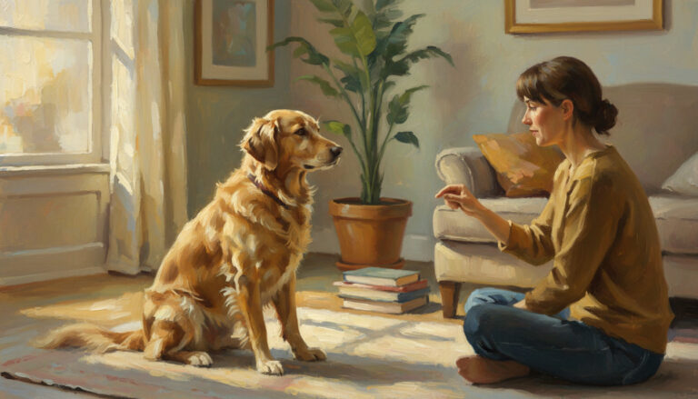 Woman training her golden retriever near a sunny window.