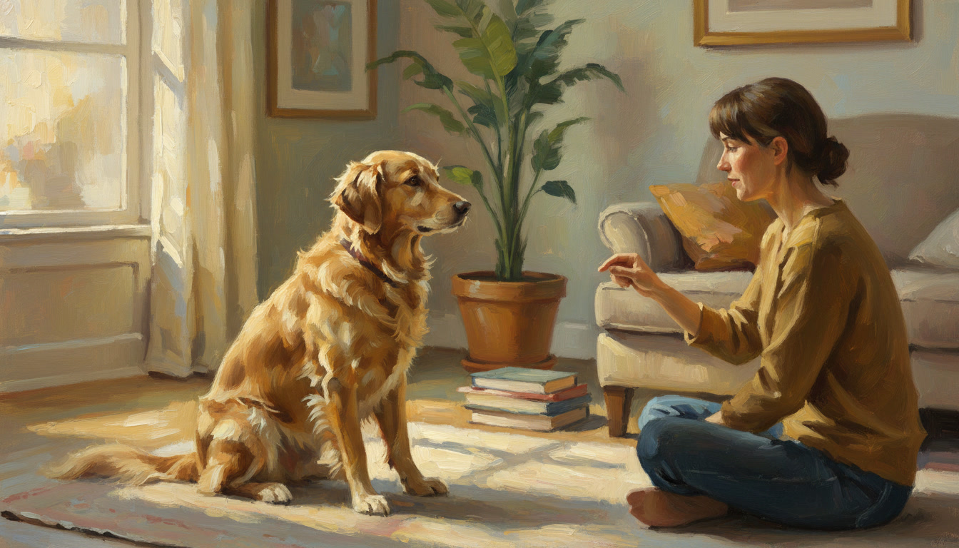Woman training her golden retriever near a sunny window.