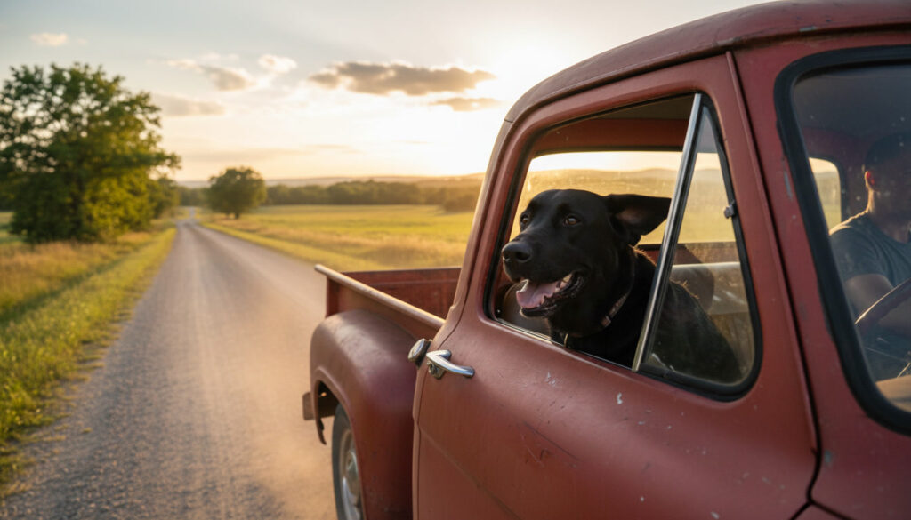 Dog riding in a pickup looking out.