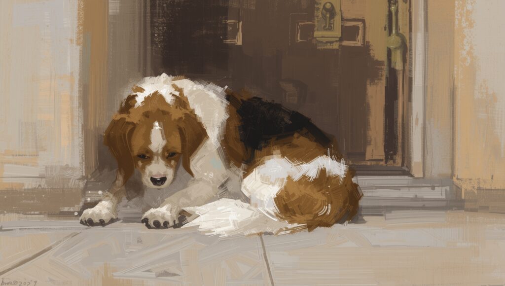 An impressionist painting of a brown, white and black dog sitting by a door.