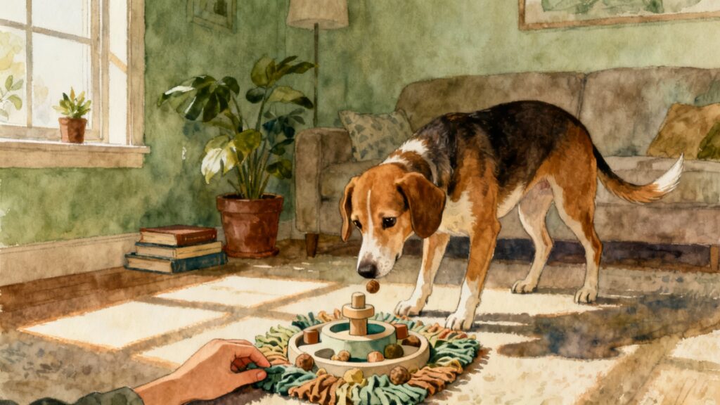 A beagle and his owner play with a toy to avoid boredom.