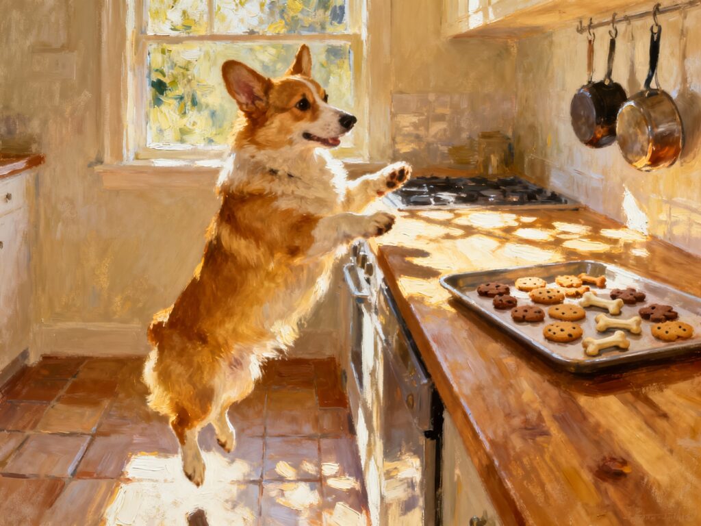 Corgi jumping trying to get dog treats.