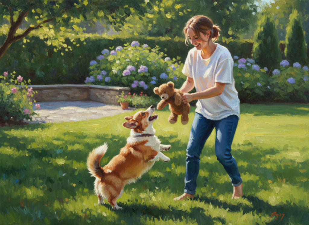 Woman playing with corgi with stuffed animal in backyard.
