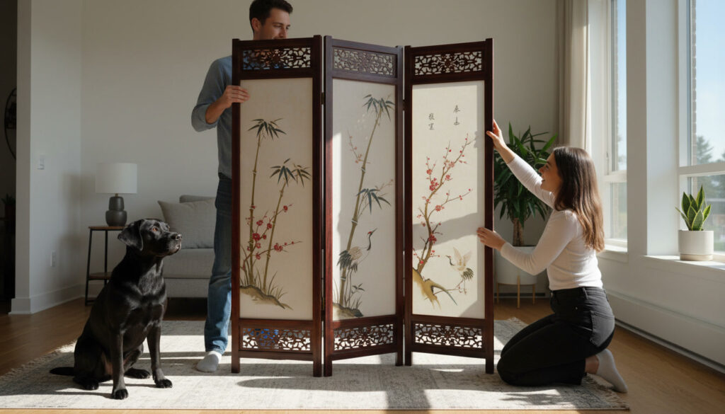Couple putting up room divider to help dog relax.