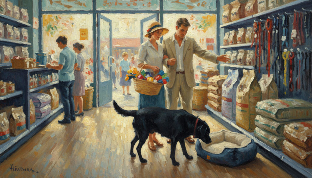 A happy couple shopping with their black lab at a pet shop.