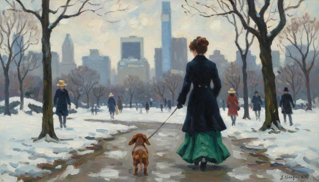 Woman walking dachshund in Central Park, NY City.