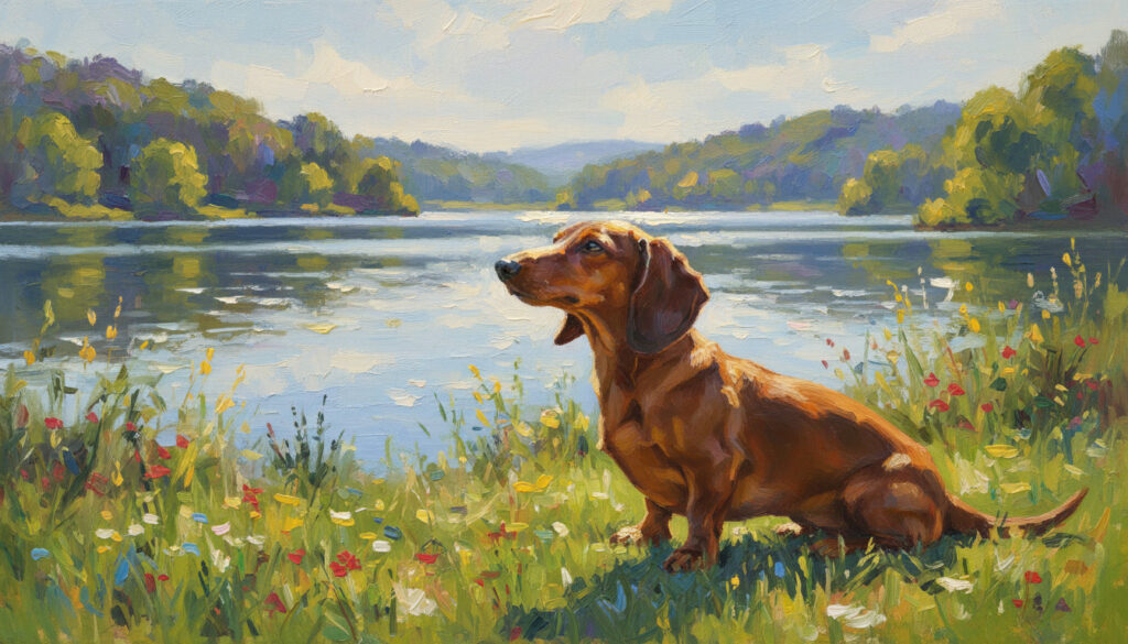 A dachshund by a river listening for a sound.