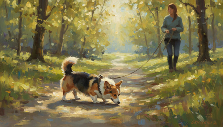 Woman taking corgi on a calm walk on a forest trail.