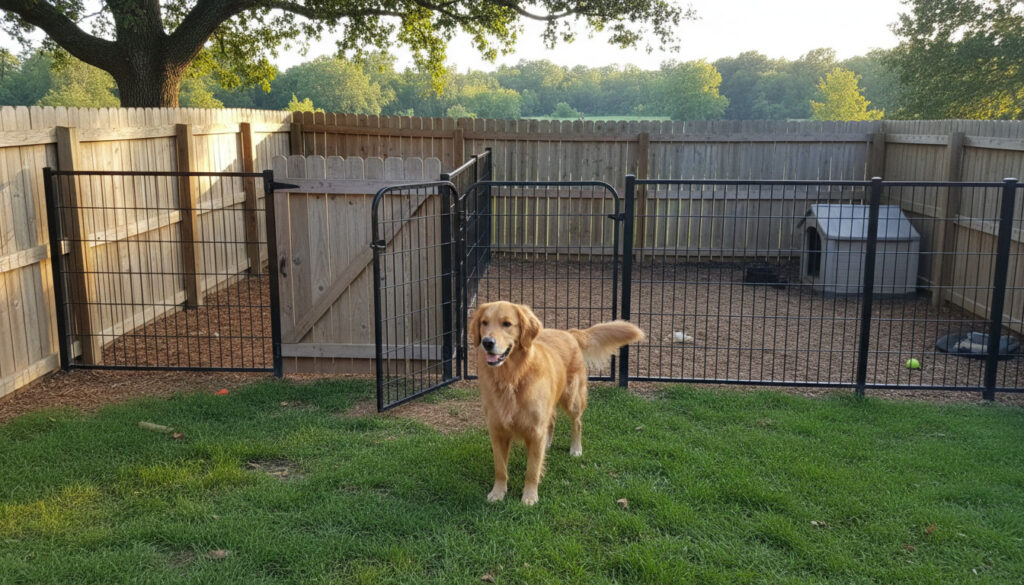 Golden retriever in backyard with proper fencing.