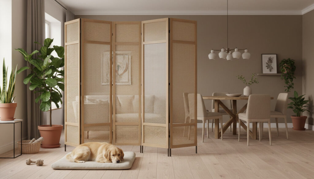 A dog in a well-lit dining room on his dog bed. The room is separated with a room separator.