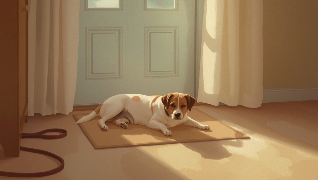 A relaxed dog sleeping on a rug by the front door in a quiet home environment.