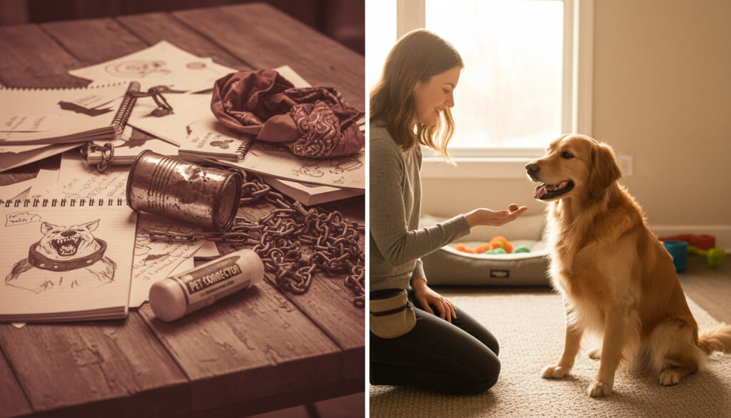 Left side panel: harmful methods of training. Right side panel: a woman feeding a treat to a golden retriever.