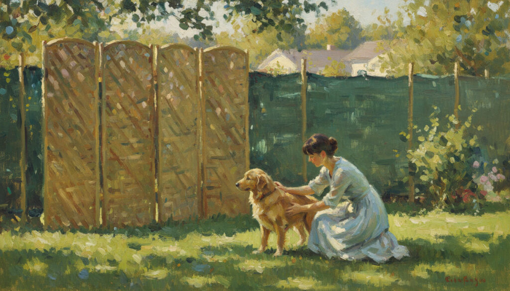 An impressionist-styled painting of a woman in a dress with a golden retriever in a fenced backyard.