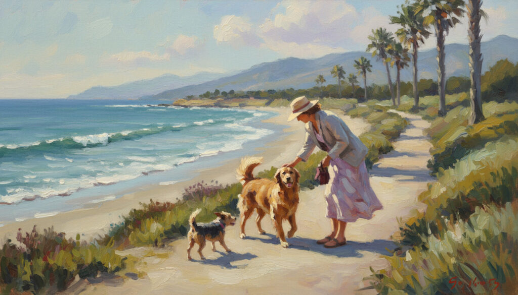 A woman petting two dogs by the ocean in California.