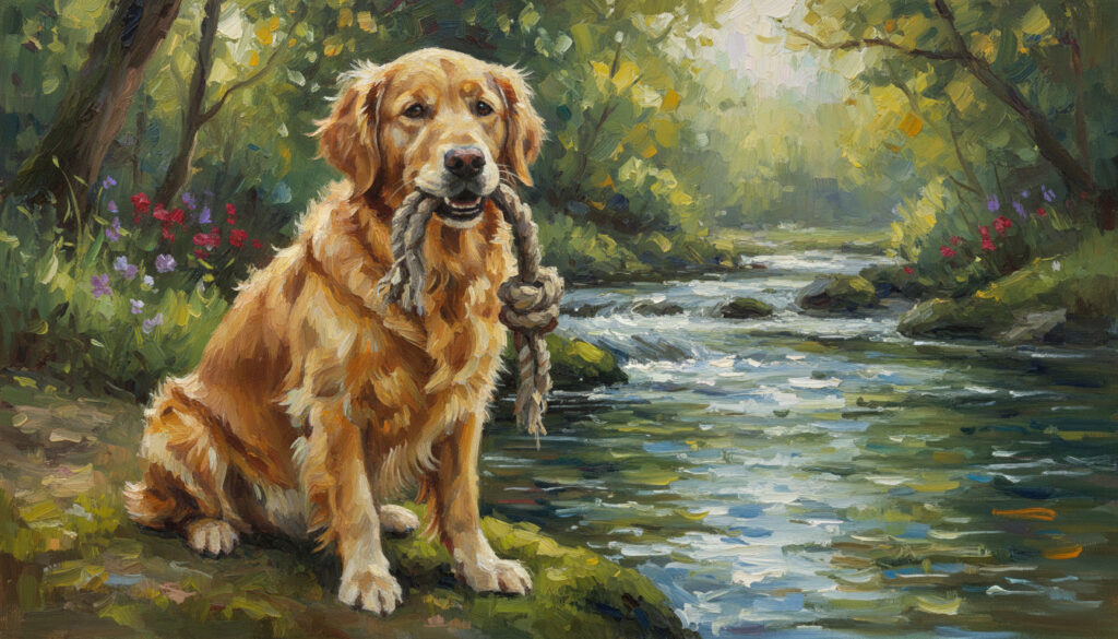 A dog sitting by a stream with a rope piece in mouth.