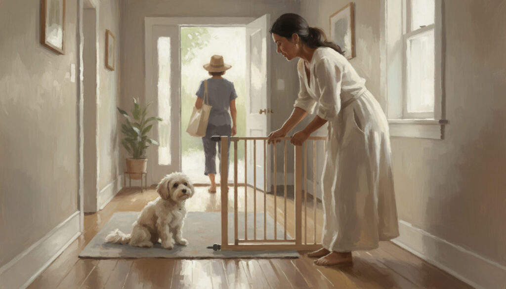 Woman setting up environmental tool for dog barking management.