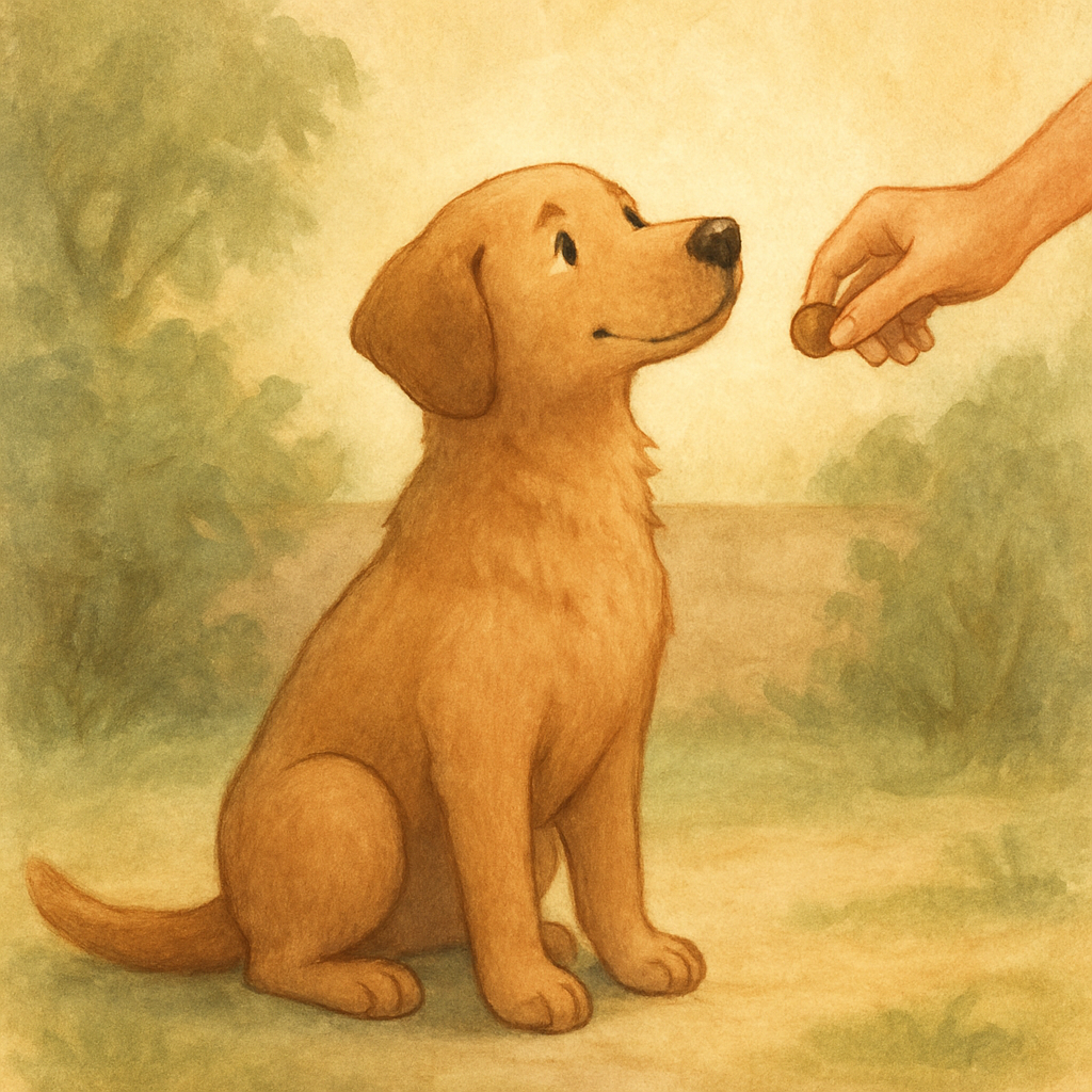 A puppy golden retriever being fed a treat for being good.
