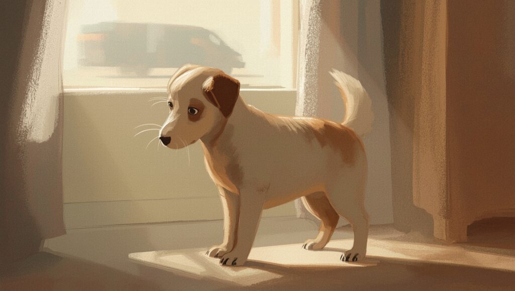 A scared little dog standing by the window.