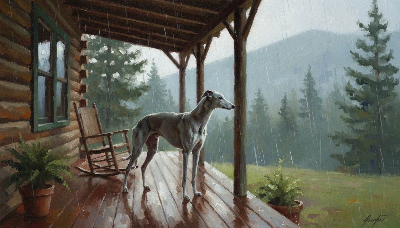 A greyhound watching the rain come down from the covered porch of a cabin.