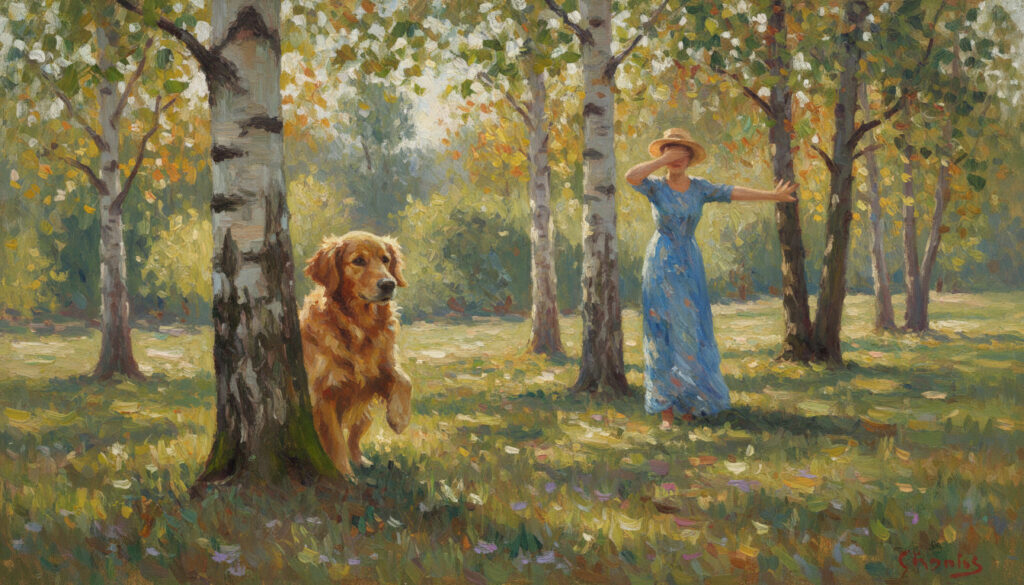 Owner of dog playing hide and seek with golden retriever.