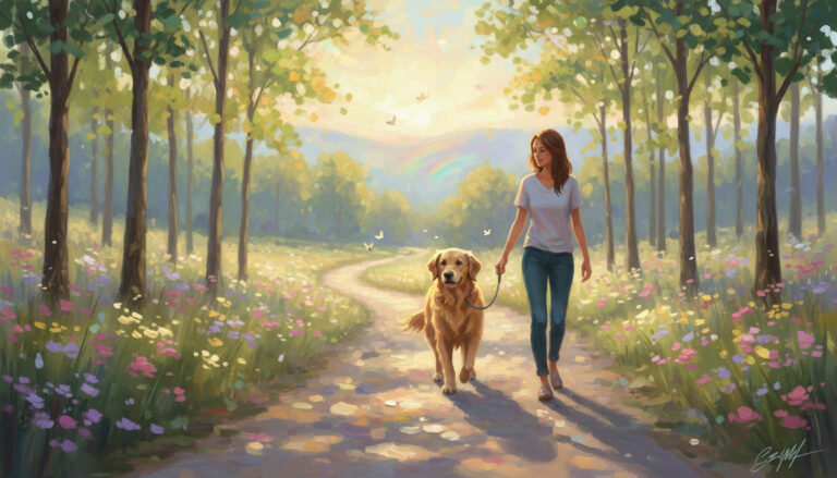 Woman walking golden retriever on a wide path with the sun behind her.