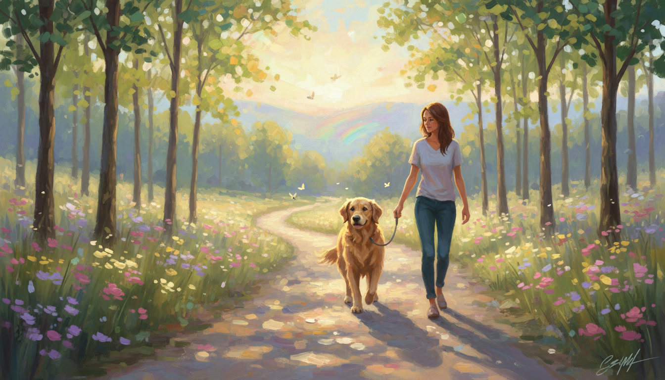 Woman walking golden retriever on a wide path with the sun behind her.
