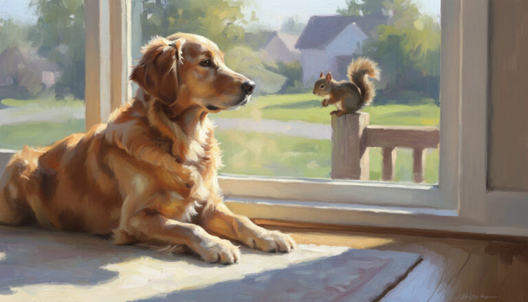 A golden retriever looking out the window at a squirrel nearby.