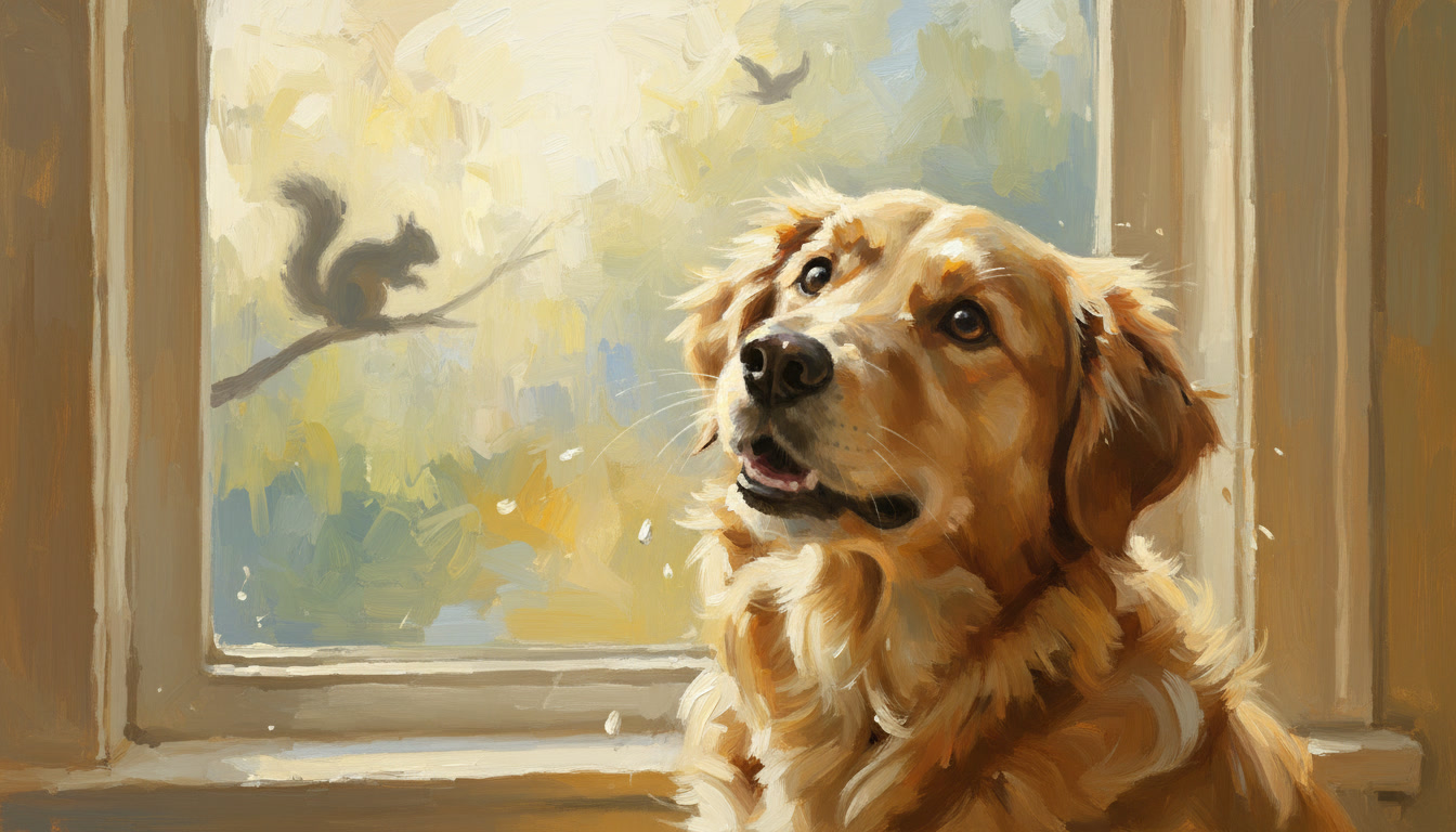Dog looking out window with a squirrel nearby.