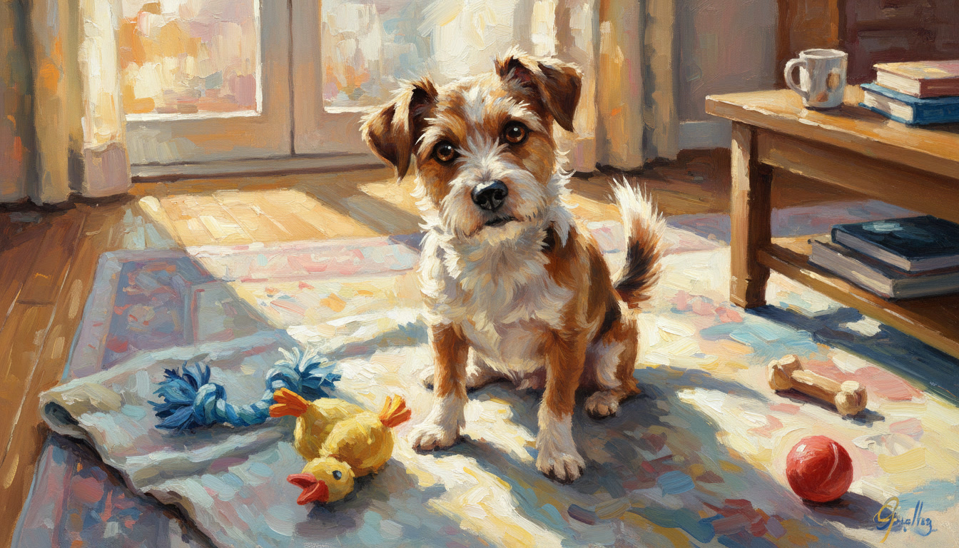 Little dog with toys in its sunny playroom looking at the camera.