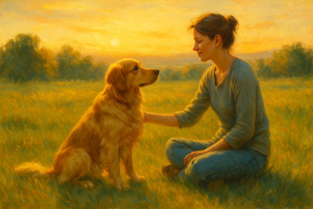 Golden retriever with owner in a field.