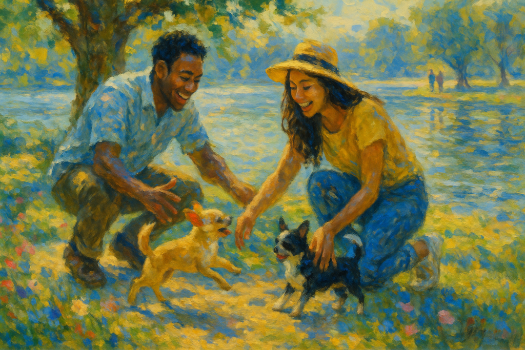 A man and woman with their two dogs.