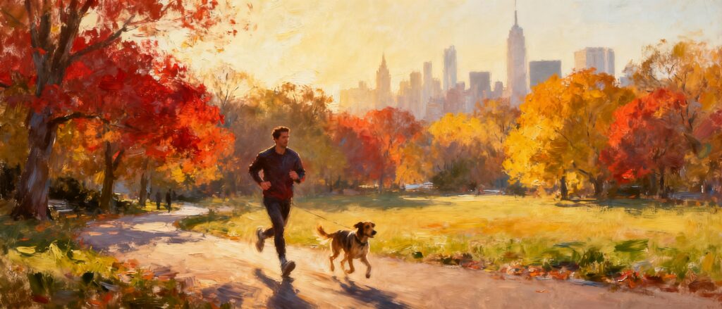 Man and dog jogging in Central park.