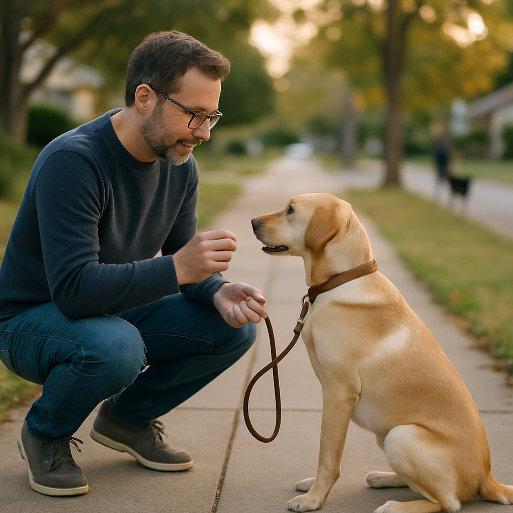 Man training his dog on the sidewalk.