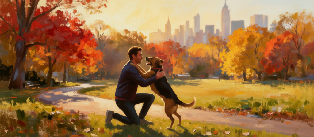 Man and dog hugging in Central Park.