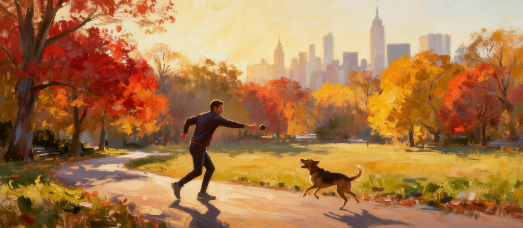 Man and dog playing catch in Central Park.