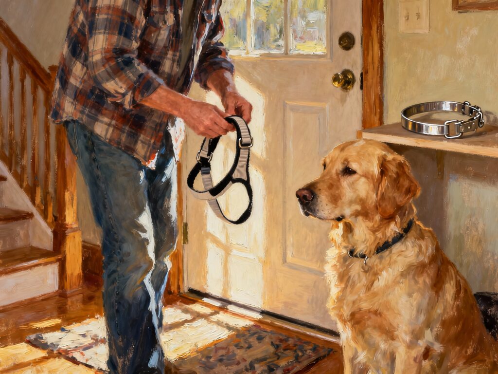 Man putting a humane collar on a golden retriever.