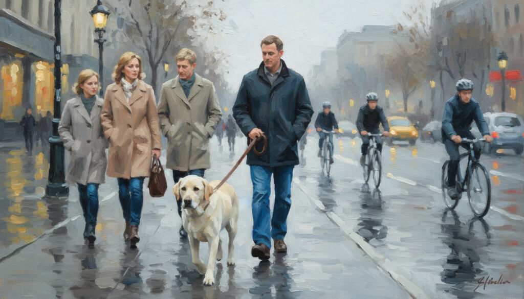 Man walking golden lab in the city whilst it is raining.