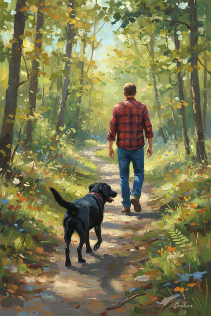 Man with black lab in forest.