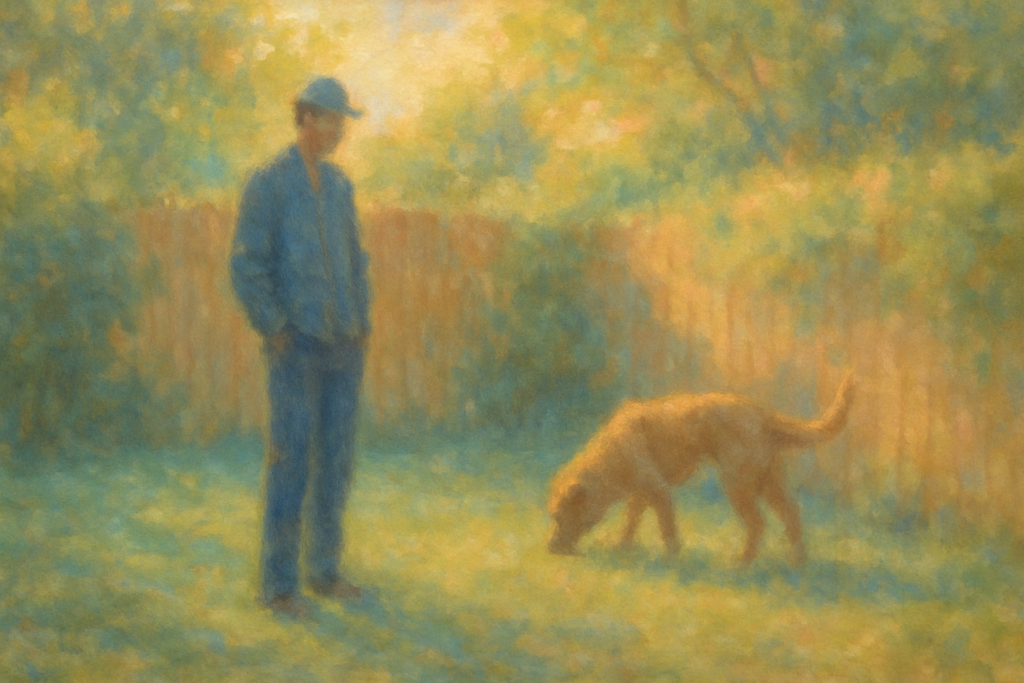 Man in fenced backyard with dog maintaining calm.