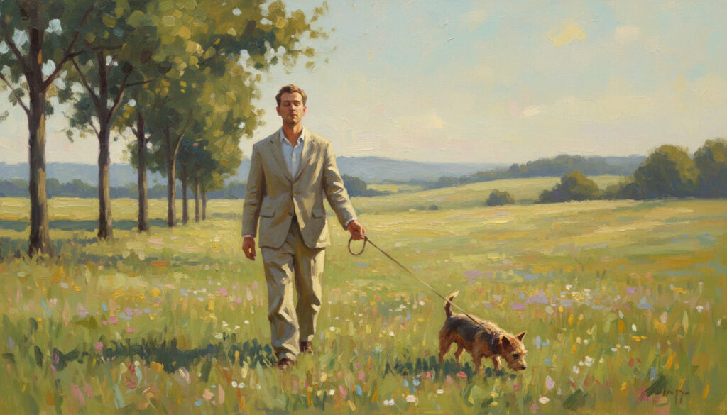 Man in suit no tie walking small dog in the country. A field with a line of trees.